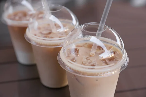 Plastic Takeaway Cups Delicious Iced Coffee Table Closeup — Foto Stock