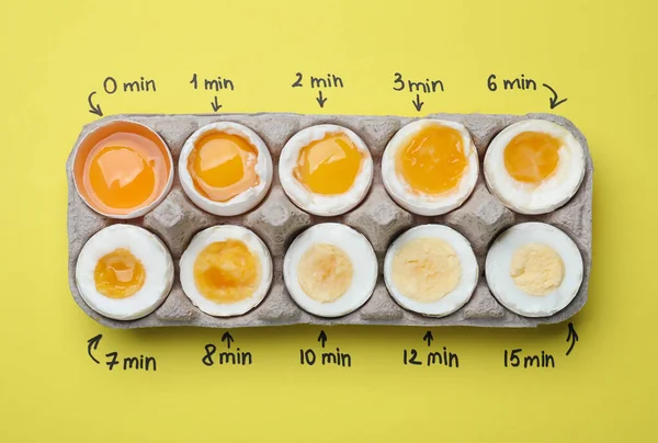 Different Cooking Time Readiness Stages Boiled Chicken Eggs Yellow Background — Stockfoto