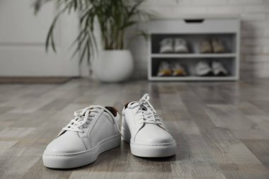 Pair of stylish white sneakers on floor in hallway, space for text
