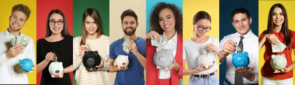 Collage Photos People Holding Piggy Banks Different Color Backgrounds Banner — Foto de Stock