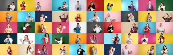 Collage Con Fotos Personas Sosteniendo Alcancías Diferentes Fondos Color Diseño —  Fotos de Stock