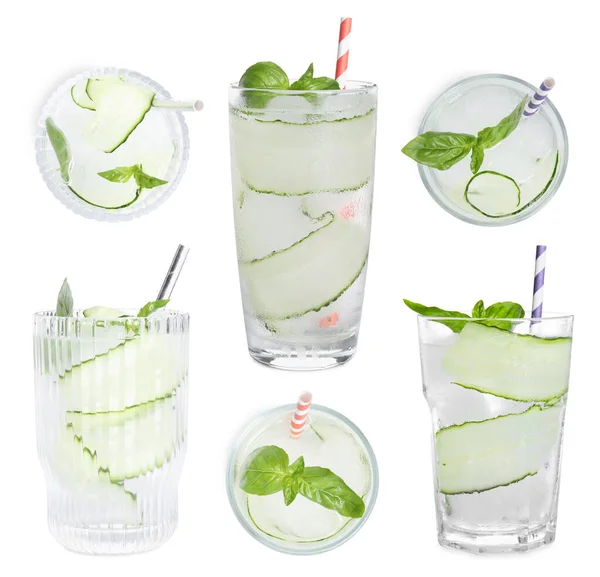 Set Glasses Refreshing Cucumber Water White Background — Foto de Stock