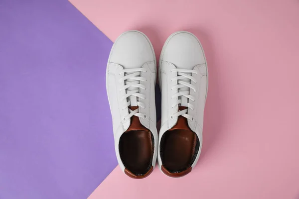 Pair Stylish White Sneakers Color Background Flat Lay — ストック写真