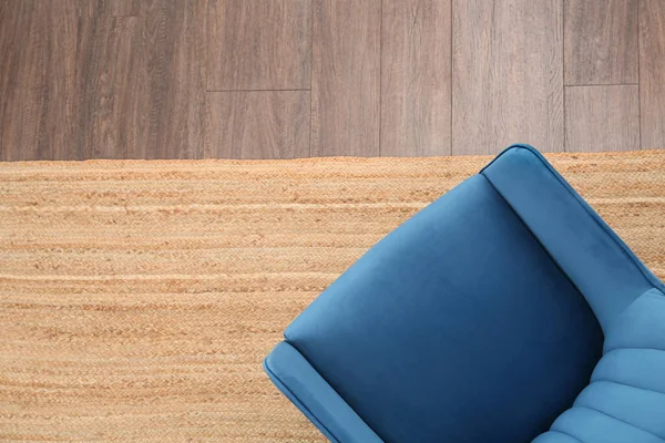 Stylish Blue Armchair Floor Top View Space Text — Stockfoto