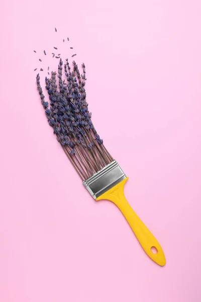Creative Flat Lay Composition Paint Brush Lavender Flowers Pink Background — Fotografia de Stock