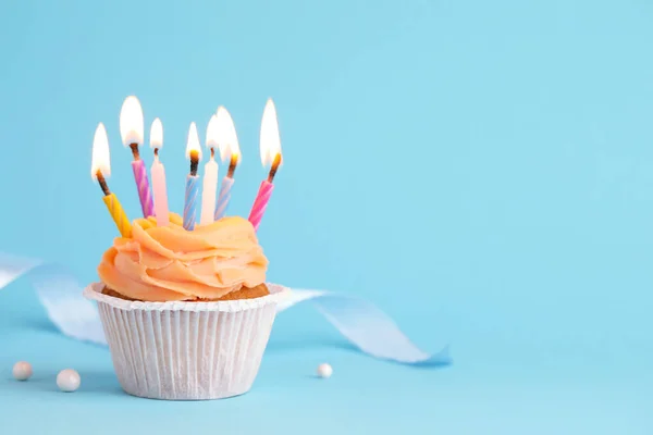 Tasty Birthday Cupcake Many Candles Light Blue Background Space Text — Stockfoto