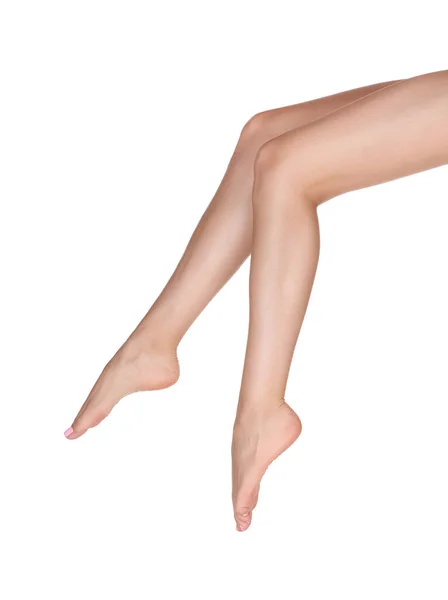 Woman Beautiful Long Legs White Background Closeup — Fotografia de Stock