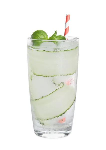 Refreshing Cucumber Water Basil Glass Isolated White — Stockfoto