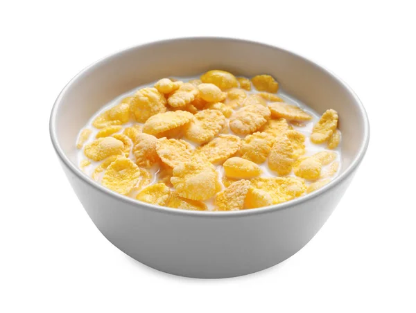 Leckere Cornflakes Mit Milch Schüssel Isoliert Auf Weiß — Stockfoto