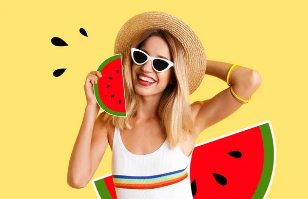 Pretty Young Woman Juicy Watermelon Light Yellow Background Stylish Collage — Stock Photo, Image