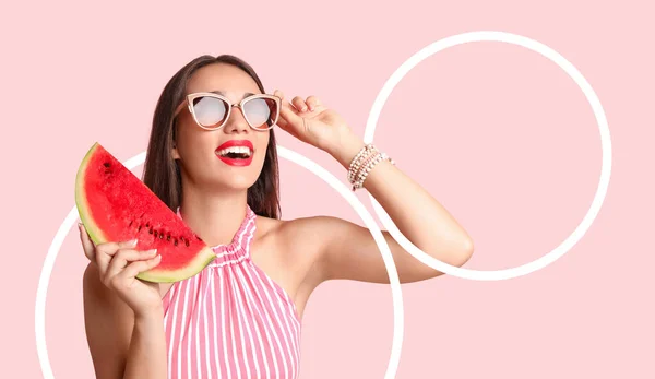 Beautiful Woman Juicy Watermelon Light Pink Background Stylish Design Summer — Stock Photo, Image