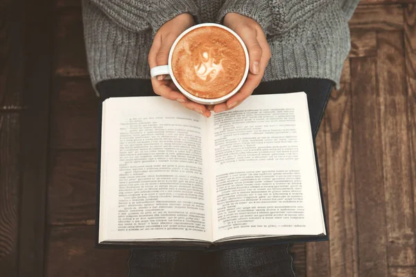 Woman Cup Coffee Reading Book Home Top View — Stock Photo, Image
