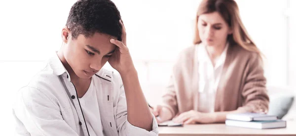 Young Female Psychologist Working Teenage Boy Office Banner Design — Fotografie, imagine de stoc