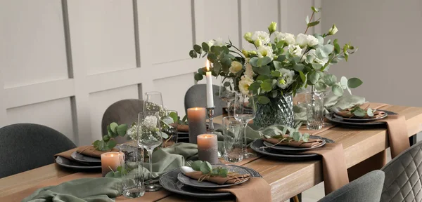Festive Table Setting Beautiful Floral Decor Indoors Banner Design — Stockfoto