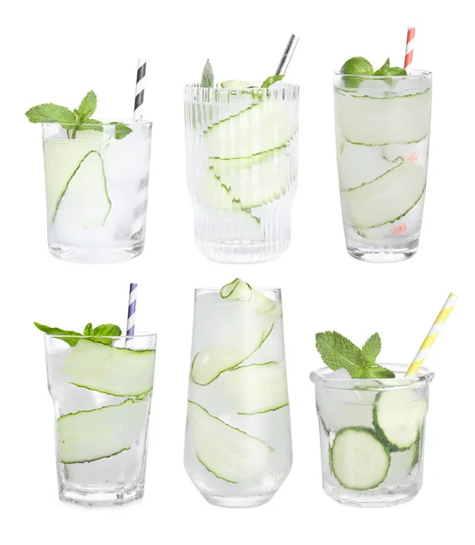 Set Glasses Refreshing Cucumber Water White Background Top View — Foto de Stock