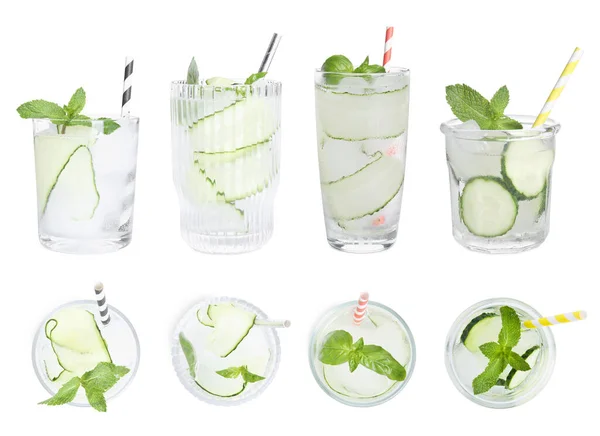 Set Glasses Refreshing Cucumber Water White Background Top Side Views — Zdjęcie stockowe