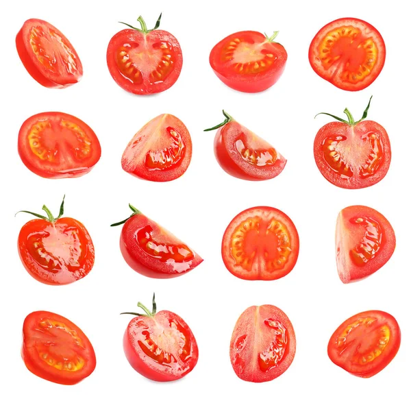 Set Con Trozos Sabrosos Tomates Cherry Maduros Sobre Fondo Blanco — Foto de Stock