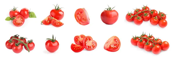 Set Tasty Ripe Cherry Tomatoes White Background Banner Design — Stockfoto