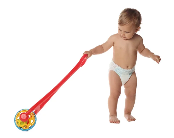 Cute Baby Push Toy Learning Walk White Background — 스톡 사진