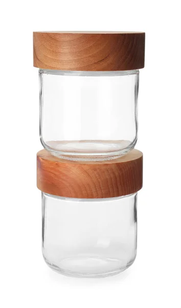 Two Empty Glass Jars Wooden Lids Isolated White — Fotografia de Stock