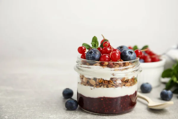 Delicious Yogurt Parfait Fresh Berries Mint Light Grey Table Space — Stok fotoğraf