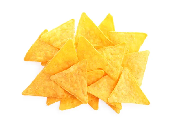 Finom Tortilla Chips Nachos Fehér Háttér Felső Nézet — Stock Fotó