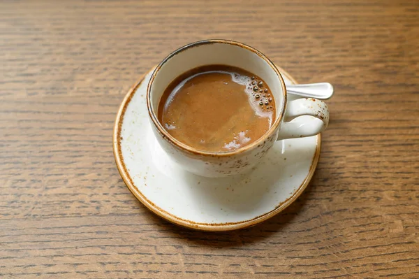 Kopje Aromatische Koffie Houten Tafel Bovenaanzicht — Stockfoto