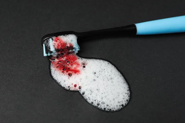 Toothbrush Paste Blood Black Background Closeup Gum Inflammation — Fotografia de Stock