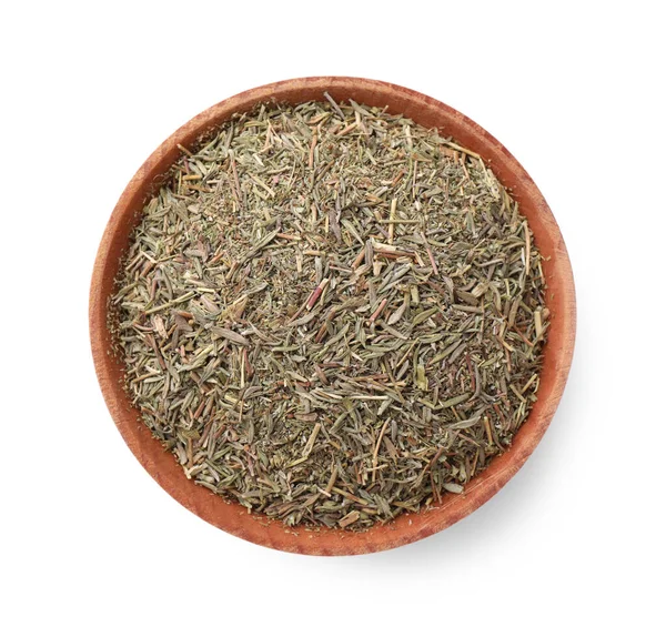 Bowl Dried Thyme Isolated White Top View — Stockfoto