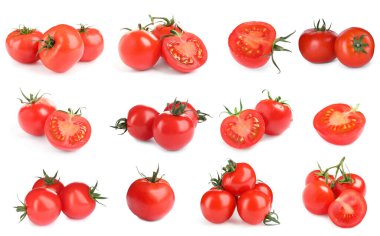 Beyaz arka planda lezzetli vişneli domateslerle kurulmuş.
