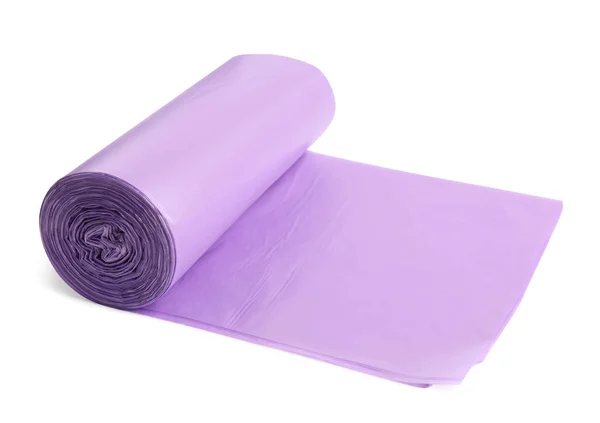 Rolle Aus Violetten Müllsäcken Auf Weißem Hintergrund Reinigungsmittel — Stockfoto