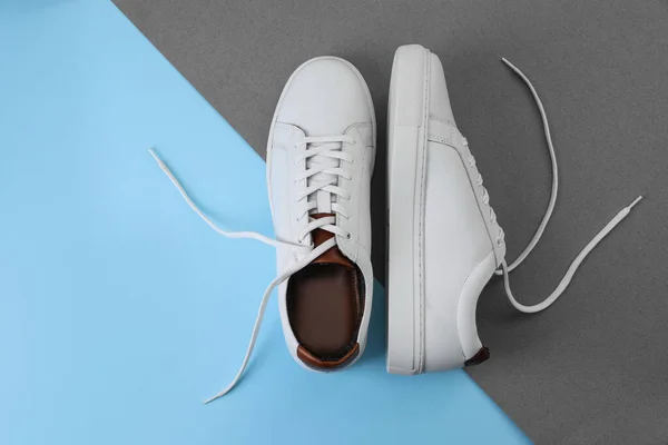 Pair Stylish Sports Shoes Color Background Flat Lay — 스톡 사진