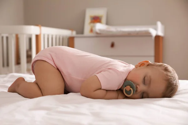 Adorable Little Baby Pacifier Sleeping Bed Home — Stock Photo, Image