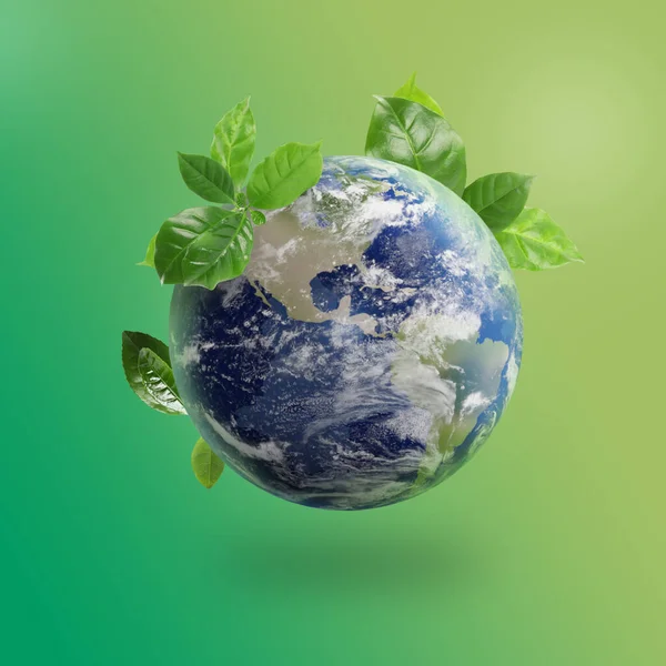 Recycling concept. Earth planet with green leaves on color background