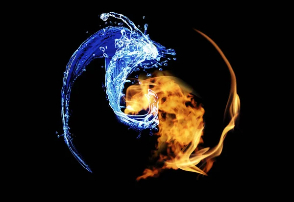 Fire flames and water splashes resembling Yin Yang symbol on black background. Feng Shui philosophy