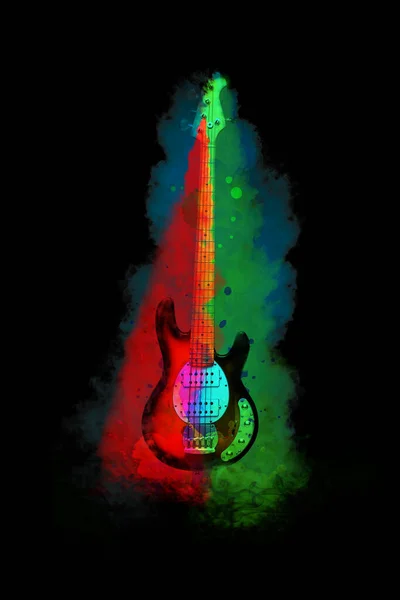 Luminoso Design Colorato Con Chitarra Elettrica Sfondo Nero Concetto Rock — Foto Stock