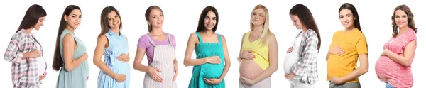 Kolaż Zdjęciami Szczęśliwych Kobiet Ciąży Białym Tle Projekt Banera — Zdjęcie stockowe