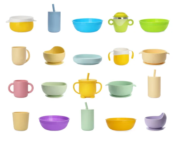 Set Colorful Dishware White Background Serving Baby Food — Stok fotoğraf