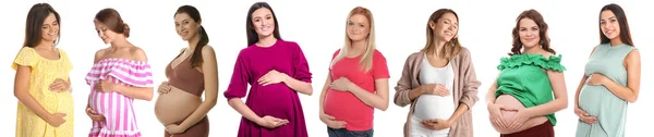 Collage Photos Happy Pregnant Women White Background Banner Design — Stock Photo, Image