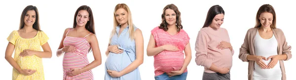 Collage Photos Happy Pregnant Women White Background Banner Design — Stock Fotó