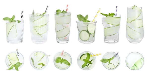 Set Glasses Refreshing Cucumber Water White Background Top Side Views — ストック写真