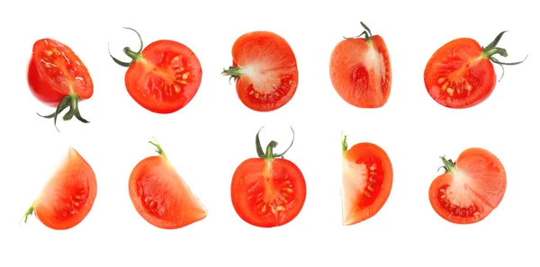 Conjunto Com Pedaços Saborosos Tomates Cereja Maduros Fundo Branco Design — Fotografia de Stock