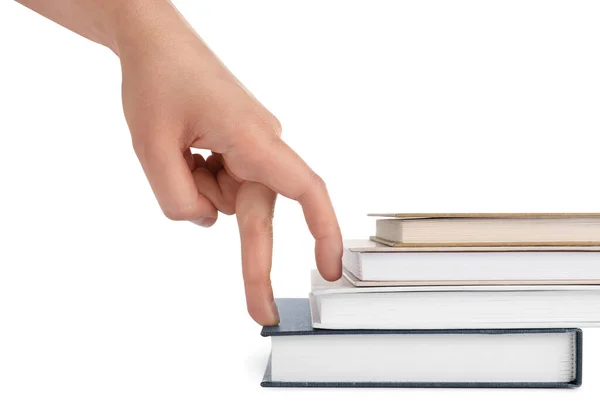 Woman Imitating Stepping Books Her Fingers White Background Closeup — Foto de Stock