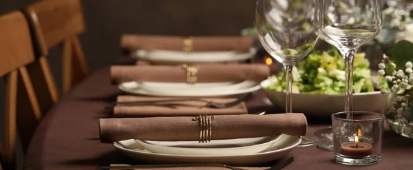 Stylish Elegant Table Setting Festive Dinner Restaurant Banner Design — Foto de Stock
