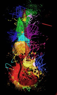 Siyah arka planda elektro gitarlı parlak renkli tasarım. Rock müzik konsepti