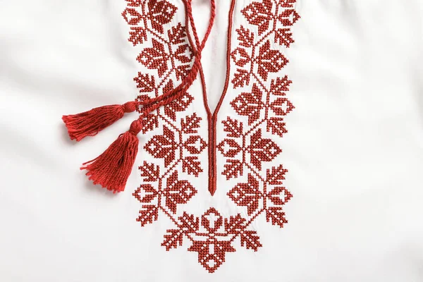 Beautiful Red Ukrainian National Embroidery White Fabric Top View — 스톡 사진