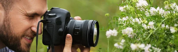 Photographer Taking Picture Beautiful Plants Professional Camera Outdoors Banner Design — Foto Stock