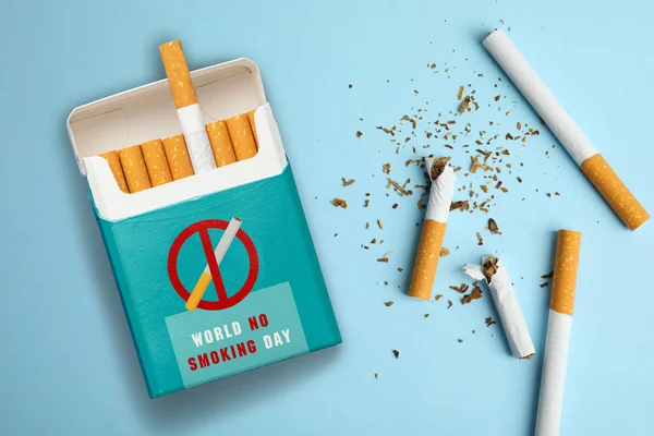 World Smoking Day Pack Cigarettes Light Blue Background Flat Lay — стокове фото