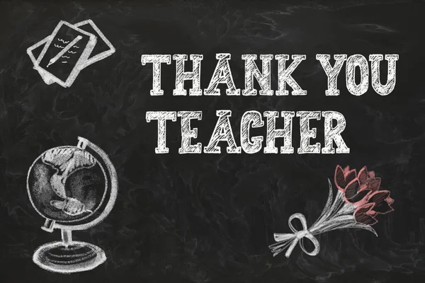 Phrase Thank You Teacher Beautiful Flowers Globe Books Drawn Blackboard – stockfoto