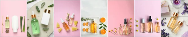 Collage Beautiful Photos Different Natural Essential Oils Top View Banner — 图库照片